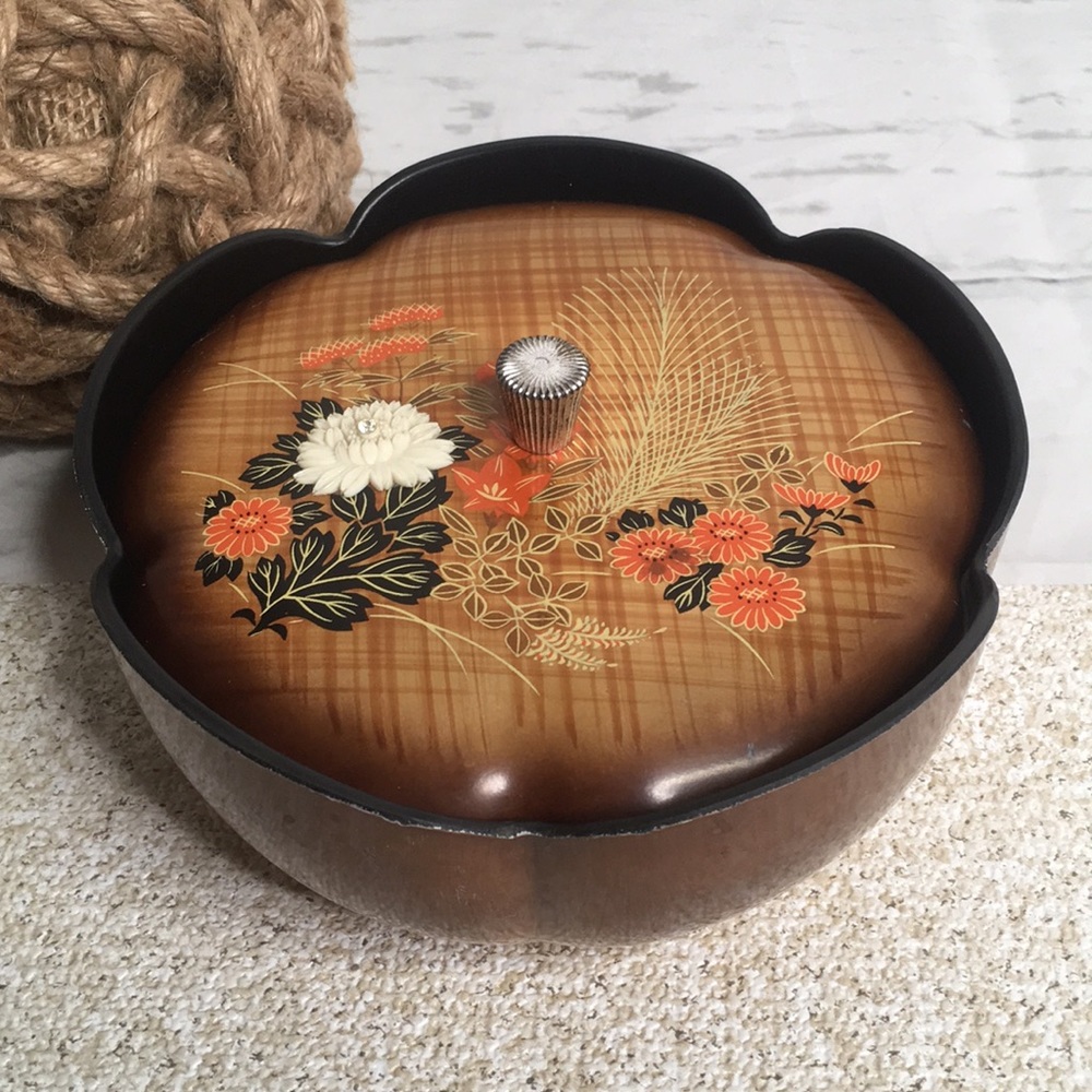 Vintage MCM Floral Lidded Bowl Container Trinket Dish Brown Orange 70s Celluloid